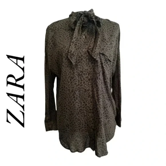 Zara animal leopard print khaki button down shirt size XS - Picture 1 of 12